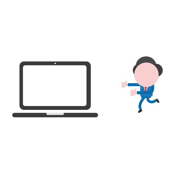Vector illustration businessman character running to laptop computer. - Vector, Image
