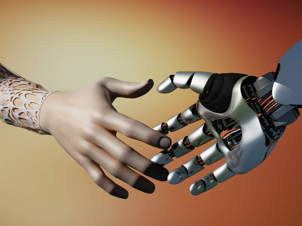 Hände von Mensch und Roboter, 3D-Darstellung - Foto, Bild