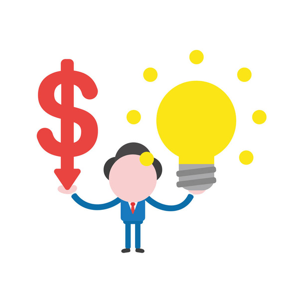 Векторная иллюстрация персонаж бизнесмена держит стрелку доллара вниз и светящаяся идея лампочки
. - Вектор,изображение