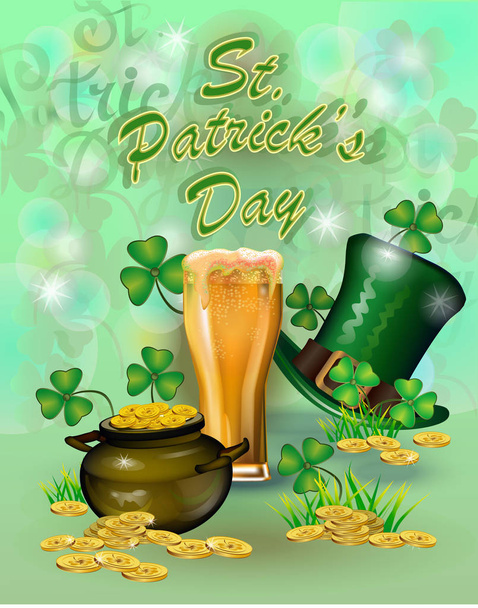 St. Patrick`s Day greeting. Vector illustration. Happy St Patricks Day.Blurred Green Background - Vector, Image