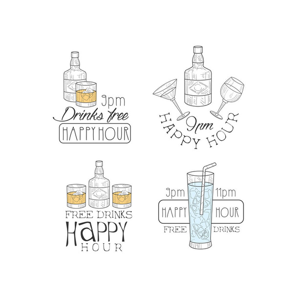Набор оригинальных векторных эмблем для коктейль-бара или ресторана. Алкогольные напитки. Логотипы эскизов с различными напитками
 - Вектор,изображение