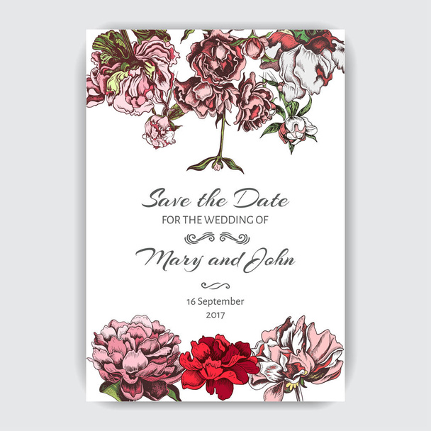 白い背景の菊と牡丹の花でカラフルな招待状 - ベクター画像