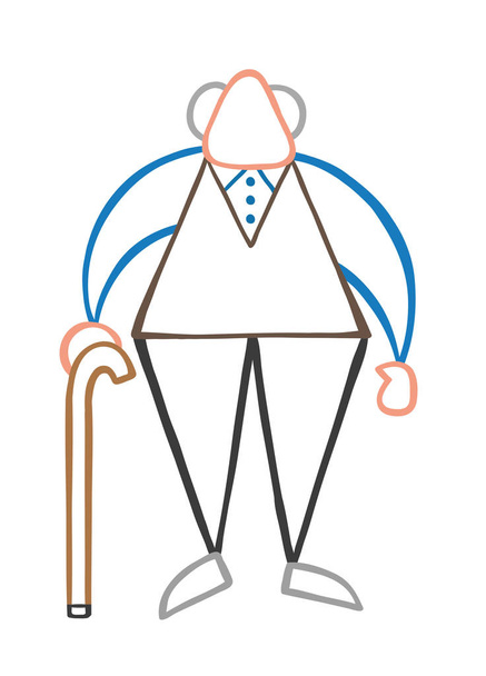 Vector illustration cartoon old man standing with wooden walking stick. - Vector, Image