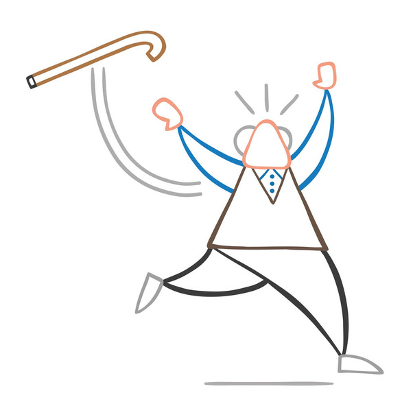 Vector illustration cartoon old man throwing his walking stick and running. - Vector, Image