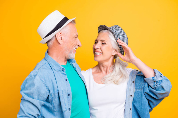 Positivity rest relax enjoy joy fun lifestyle trip travel weekend concept. Close up photo portrait of two excited cheerful granny and grandpa spending time on holidays isolated bright vivid background - Foto, Imagen