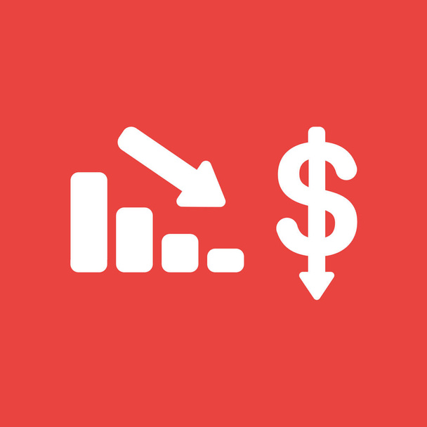 Концепция плоской векторной иконки красного столбца продаж и символа доллара, движущихся вниз на красном фоне
. - Вектор,изображение