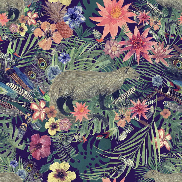 Seamless hand drawn watercolor pattern with mongoose, leaves, flowers, feathers. - Photo, Image
