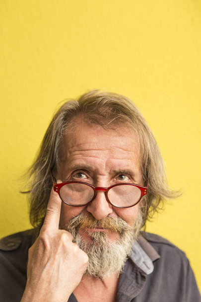  長い髪と眼鏡を身に着けているひげを持つ老人の肖像画  - 写真・画像