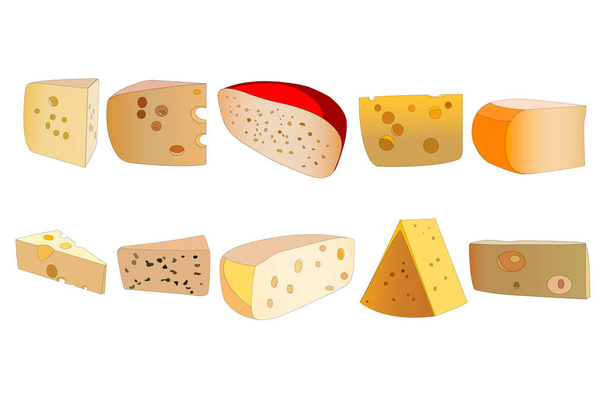 a set of ten cheeses in different colors and shapes - Vector, Image