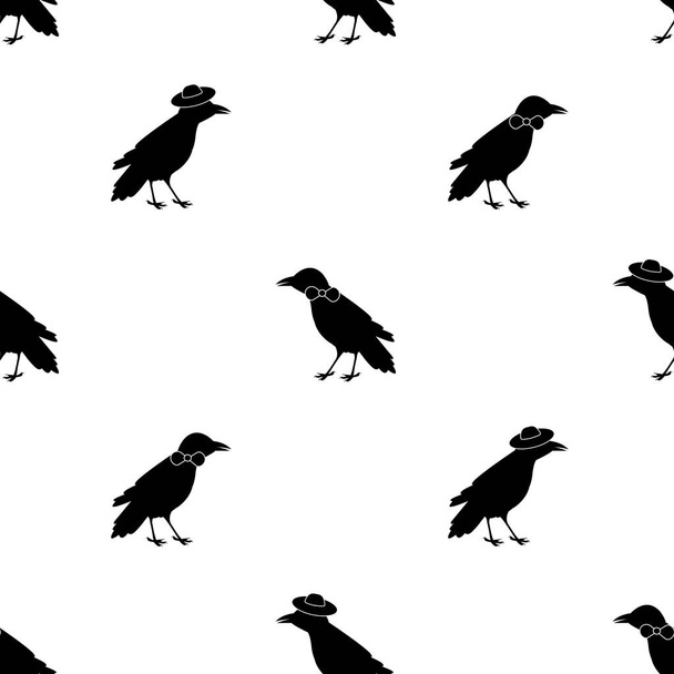Seamless pattern with black ravens, tie and hats on the white ba - Vector, Image