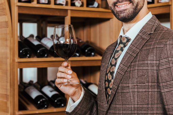 levágott lövés a mosolygó ember a tweed kabát, pohár bor mellett a bor tárolására - Fotó, kép
