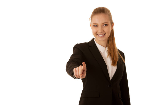 business woman pressing virtual button over gray background - Photo, Image