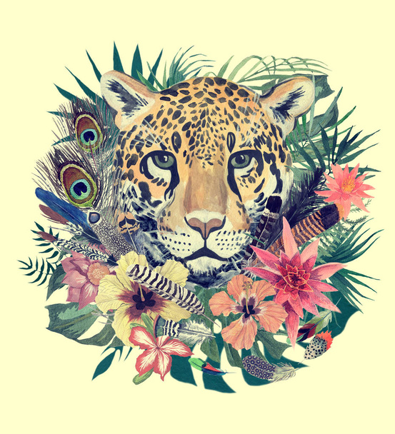 Akvarell kézzel rajzolt ábrán a leopard fej, virágok, levelek, tollak. - Fotó, kép