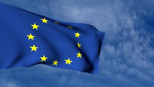 3D-animatie van een Europese vlag zwaaien in de wind op bewolkte hemel - Video