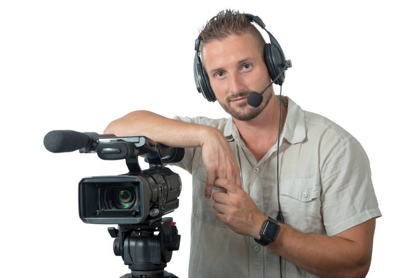 man with professional camcorder isolated on the white background - Photo, Image