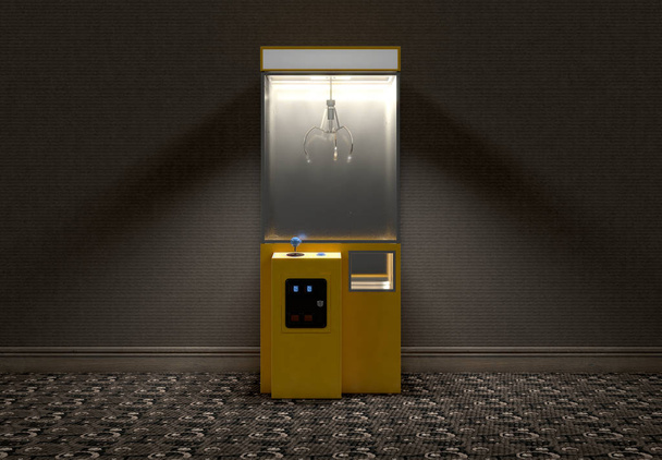 A yellow empty arcade type claw grabber game in a dimly lit vintage room - 3D render - Photo, Image