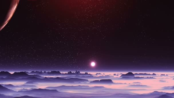 Two Moons and Two Suns over Alien Planet. Two huge moon illuminated by red light of the distant sun. Second sun hangs over the misty horizon. In the dark sky bright stars. Dark hills and rocks are covered with thick pink fog.  - Footage, Video