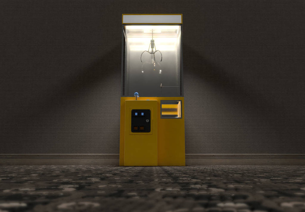 A yellow empty arcade type claw grabber game in a dimly lit vintage room - 3D render - Photo, Image
