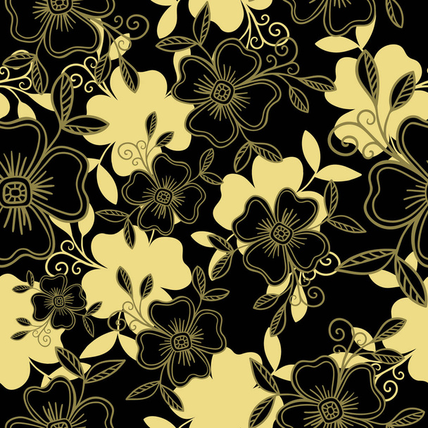 Розкішний векторний безшовний візерунок - графічні квіти з листям у чорному золоті
 - Вектор, зображення