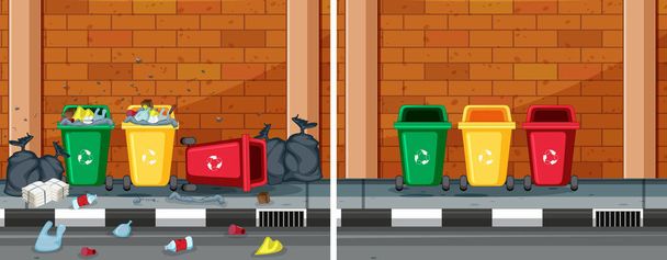 Una comparación de la ilustración de la calle limpia y sucia
 - Vector, Imagen