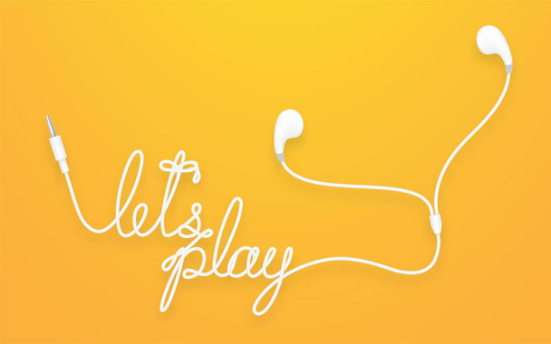 Earphones, Earbud type white color and let's play text made from cable isolated on yellow orange gradient background, with copy space - Vector, Image