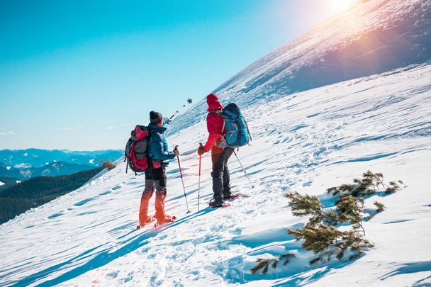 Los escaladores en raquetas de nieve caminan por la nieve en las montañas. Recorrido a pie con mochilas. Vacaciones de invierno en las montañas
. - Foto, imagen