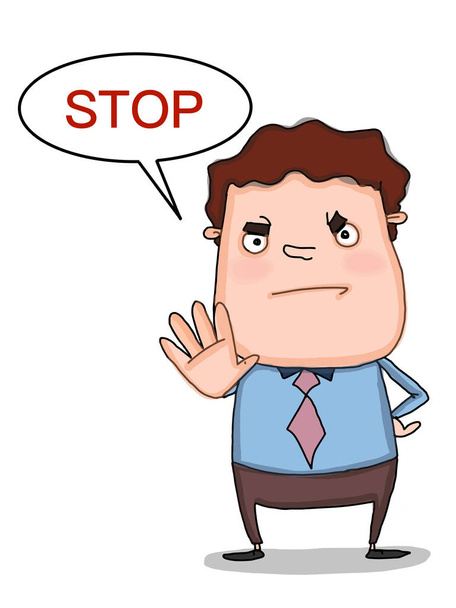 cartoon man hands up illustration and speech bubble and stop text - Photo, Image