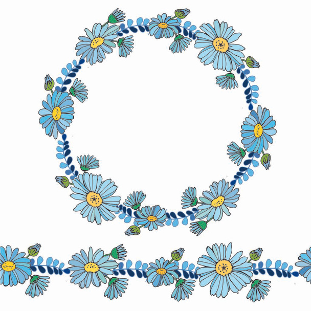 Round floral garland with flowers of chamomile and the herb of the field. Holiday decoration and romantic design - Vector, Image
