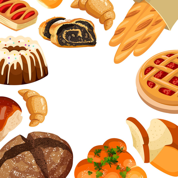 Vector frame met vierkante bakkerij. Gebakken brood producten tarwe, loafs roggebrood, bagels, gesneden brood, toast, broodje, croissant, cherry pie, cake met slagroom - Vector, afbeelding