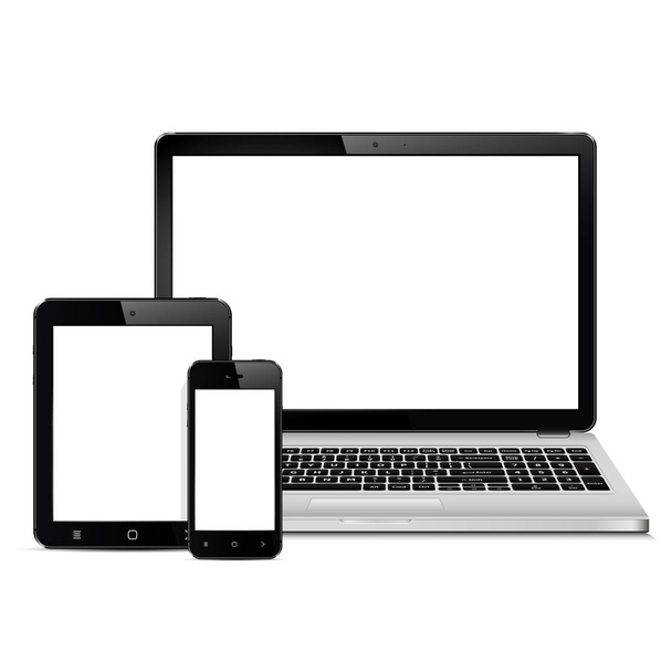 Mockup koostuu kannettavasta tietokoneesta, tablet-tietokone ja mobiili älypuhelin tyhjällä näytöllä. Mukautuva muotoilu esittely. Vektoriesimerkki
. - Vektori, kuva