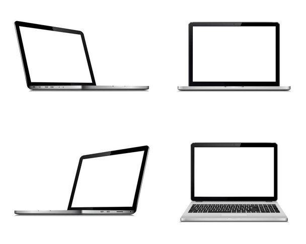 Laptop screen mockup with perspective, top and front view. Set of vector laptops with blank screen isolated on white background. - Vector, Image