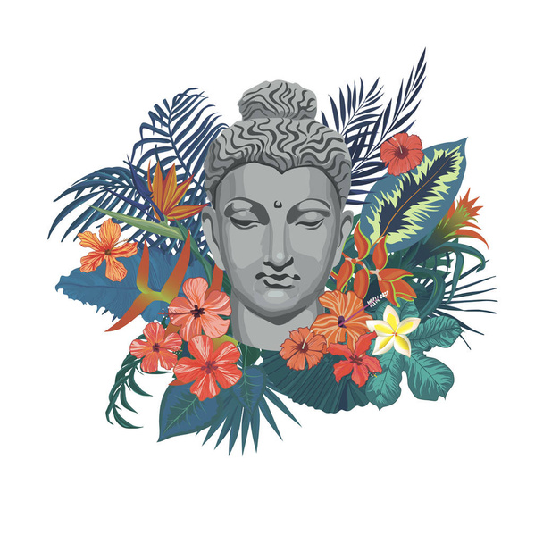 Vector illustration with Buddha head, flowers, leaves - Vector, Image