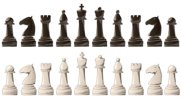 Set of vector black and white chess pieces with elements graphic arts sketch. - Vector, Image