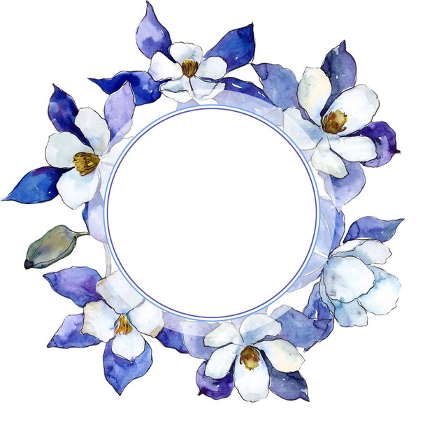 Blue aquilegia flowers. Frame border ornament. Aquarelle wildflower for background, texture, wrapper pattern, frame or border. - Φωτογραφία, εικόνα