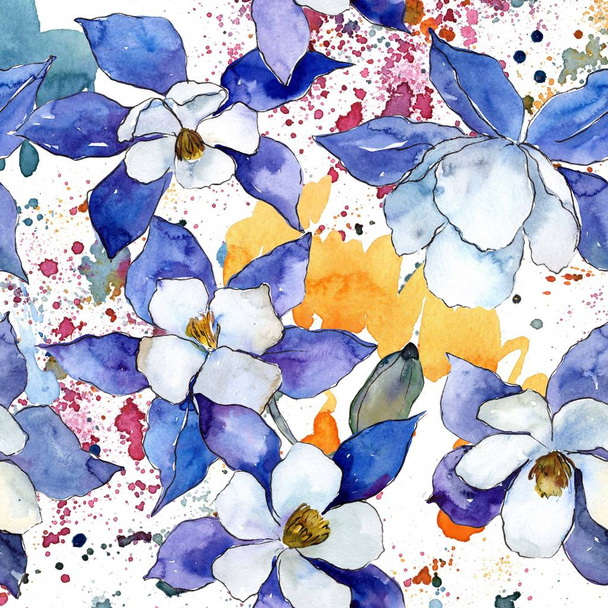 Blue aquilegia flowers. Seamless background pattern. Fabric wallpaper print texture. Aquarelle wildflower for background, texture, wrapper pattern, frame or border. - Photo, Image