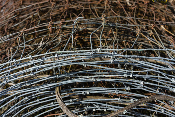 pila o rollo de alambre de púas viejo oxidado y nuevo
 - Foto, Imagen