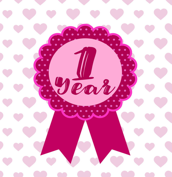 Idee für Kinder-Grußkarte rosa Symbol mit der Aufschrift - 1 Jahr alt und rosa Bänder auf Herzen nahtlose Muster. Schöne Attrappe der Kennzahlen von Kindern - Vektor, Bild