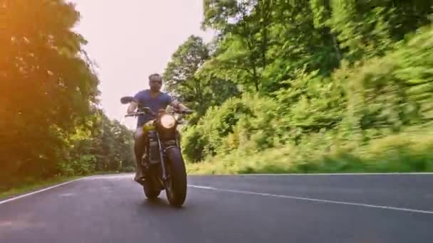 現代カスタム スクランブラー バイク乗って - オーバー テイクし、アクションの彫刻の林道。オートバイ ツアー旅の空の道の運転の楽しみを有する。4 k ビデオ. - 映像、動画