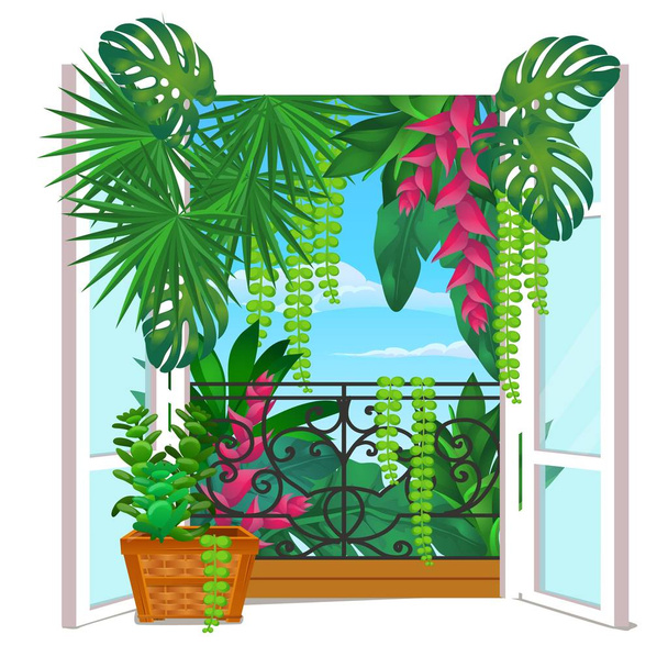 Vintage dřevěné okno s hrnkové květiny na parapetu izolovaných na bílém pozadí. Vektor kreslené detail obrázku. - Vektor, obrázek