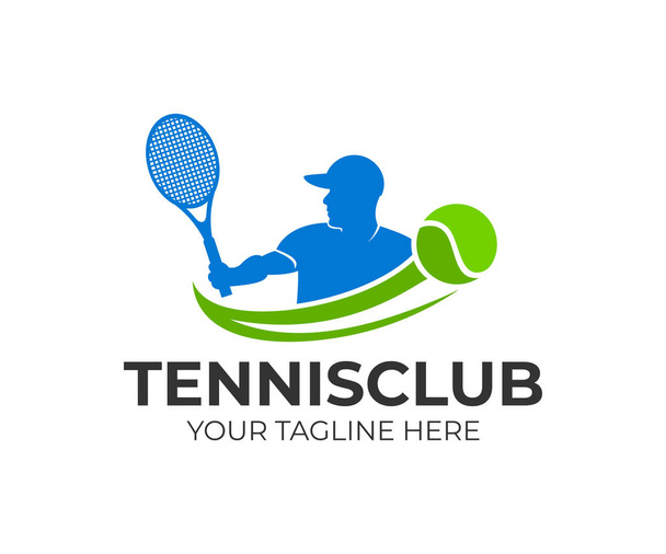 Tennis- und Tennisspieler schlägt den Ball mit einem Tennisschläger, Logovorlage. Aktivsport und Tennisturnier, Meisterschaft, Vektordesign und Illustration - Vektor, Bild