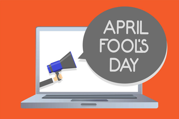 Writing note showing April Fool s is Day. Business photo showcasing Practical jokes humor pranks Celebration funny foolish Network message social media issue public speaker declare announcement - Photo, Image