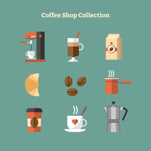 Vector flat illustration with coffee shop collection icon set. Isolated machine, latte, milk pack, croissant, beans, kettle, takeaway cup and cappuccino mug. - Vektori, kuva