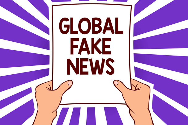 Scrittura concettuale a mano che mostra Global Fake News. Business photo text False informazioni Journalism Lies Disinformation Hoax Paper page text lines hand wave design convey notice message idea
 - Foto, immagini