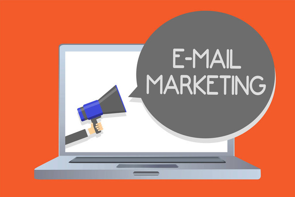 Writing note showing E Mail Marketing. Business photo showcasing E-commerce Advertising Online sales Newsletters Promotion Network message social media issue public speaker declare announcement - Photo, Image