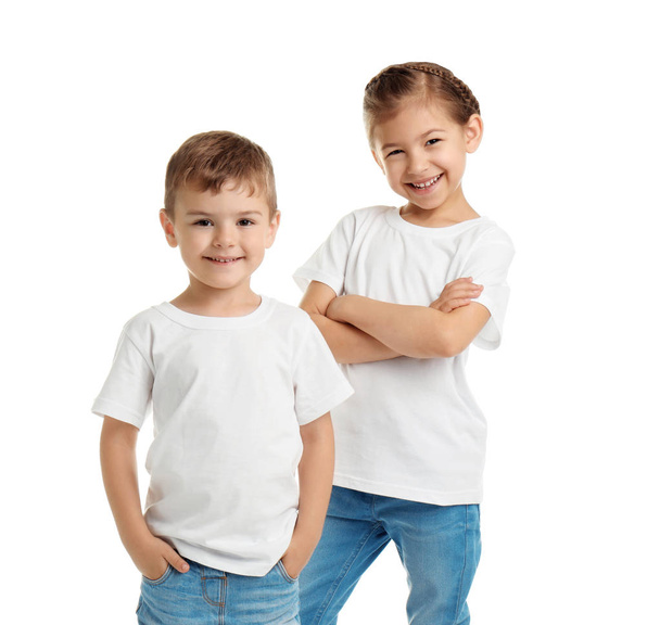 Little kids in t-shirts on white background. Mockup for design - Zdjęcie, obraz