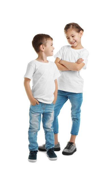 Little kids in t-shirts on white background. Mockup for design - Fotoğraf, Görsel