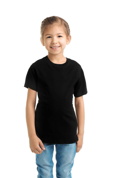 Little girl in t-shirt on white background. Mockup for design - Zdjęcie, obraz