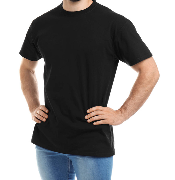 Young man in t-shirt on white background. Mockup for design - Zdjęcie, obraz