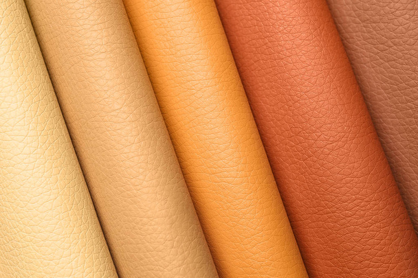 Leather samples of different colors for interior design as background - Photo, Image