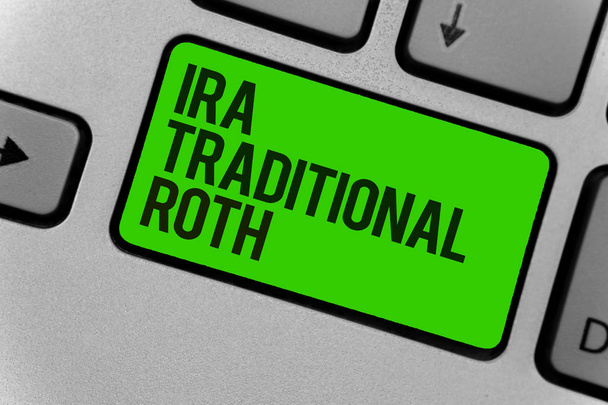 Conceptual hand writing showing Ira Traditional Roth. Business photo showcasing are tax deductible on both state and federal Computer program keyboard typing office work input device - Photo, Image